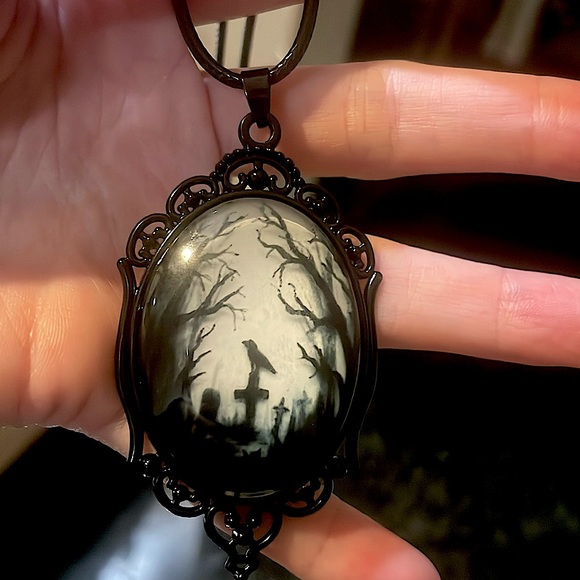 Hand Crafted Jewelry - Gothic Crow and Graveyard pendant